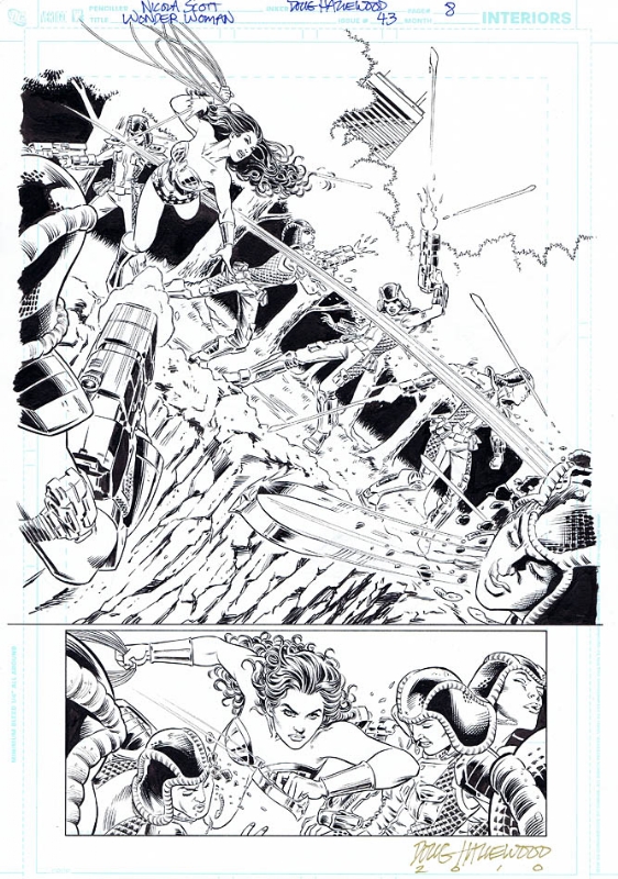 Three Quarter Splash – A page where 1/3 is a single panel and 2/3 is divided into multiple panels. This is a Wonder Woman three quarter splash page by Nicola Scott. Click for values