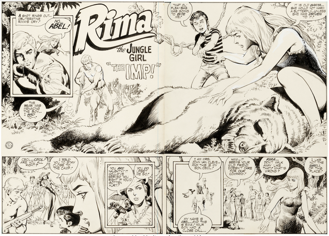 Rima the Jungle Girl #7 Double Splash Page 2-3 by Abe Ocampo sold for $870. Click here to get your original art appraised.