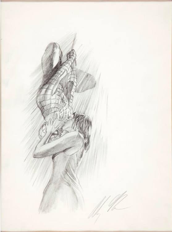 Mary Jane and Spider-Man Kiss Pencil Illustration by Alex Ross sold for $4,480. Click here to get your original art appraised.