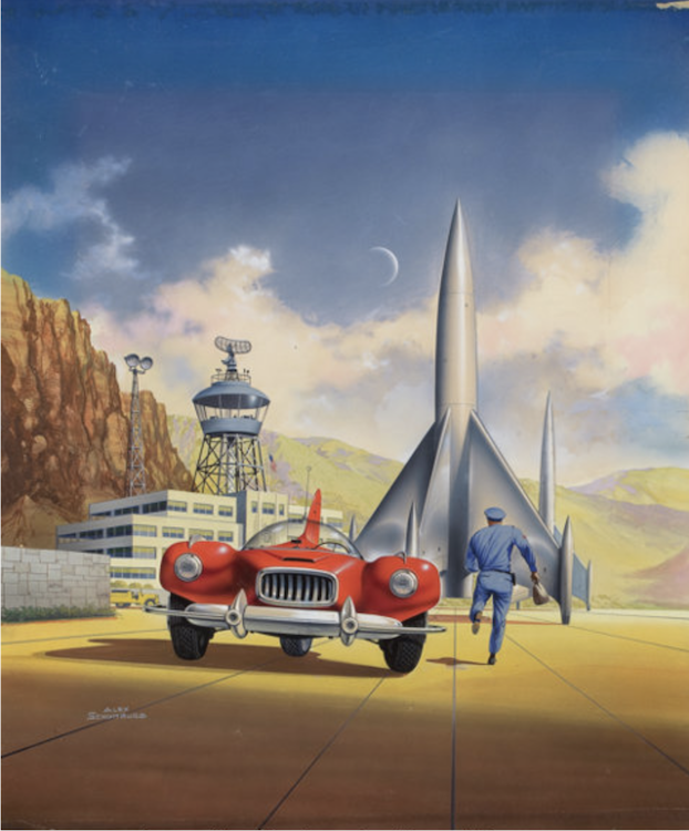 Rockets to Nowhere Book Cover Art by Alex Schmoburg sold for $15,000. Click here to get your original art appraised.