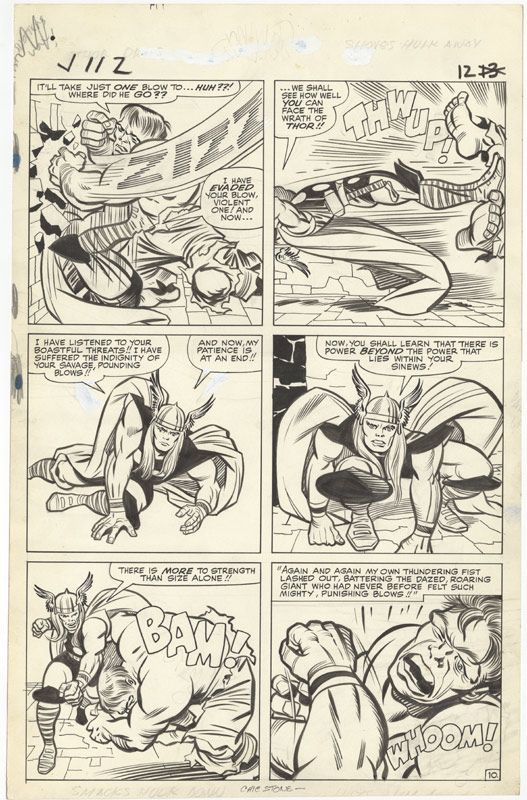 Battle Page – A comic art page where two subjects are in combat. This is a Hulk vs Thor battle page from Journey into Mystery #112.