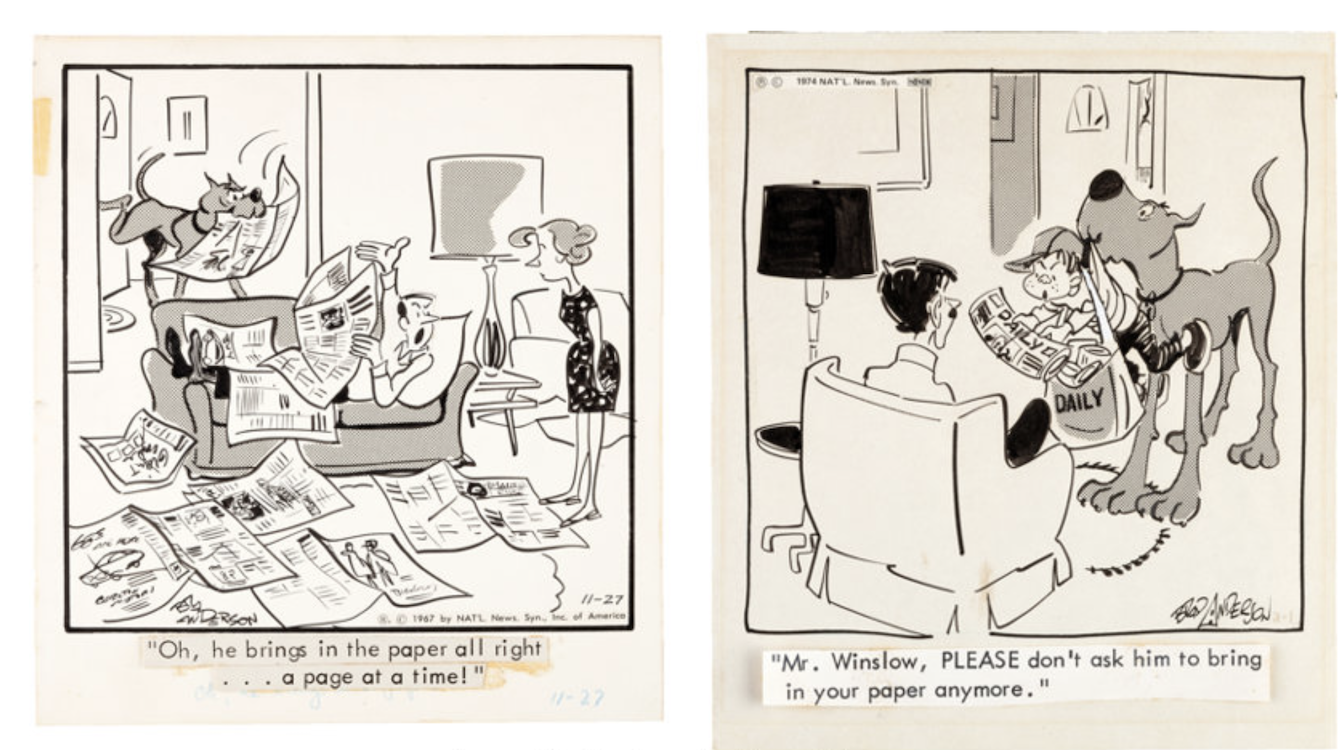 Marmaduke Daily Comic Strip Group of 2 1972 by Brad Anderson sold for $110. Click here to get your original art appraised.