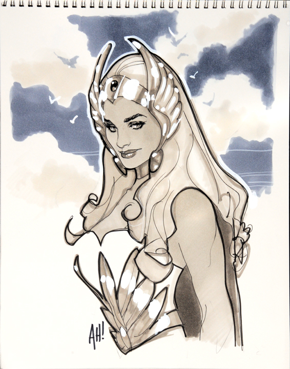 Convention Sketch – A small quick drawing that an artist does at a convention, usually for a fan who has paid for the privilege. Sketch by Adam Hughes