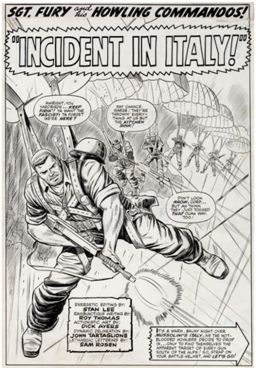 Sgt. Fury and His Howling Commandos #30 Splash Page 1 by Dick Ayers sold for $8,960. Click here to get your original art appraised.