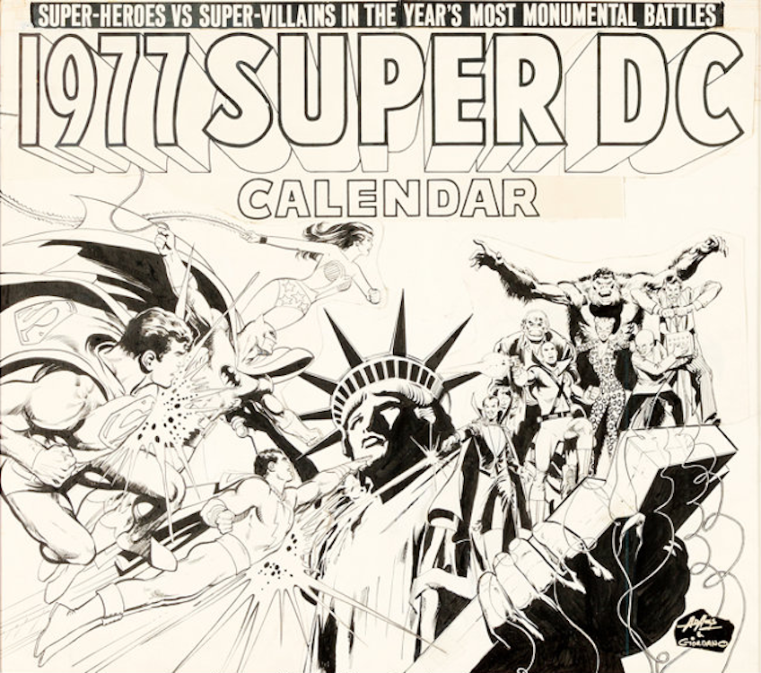 Super DC Calandar Cover Art by Dick Giordano sold for $26,400. Click here to get your original art appraised.