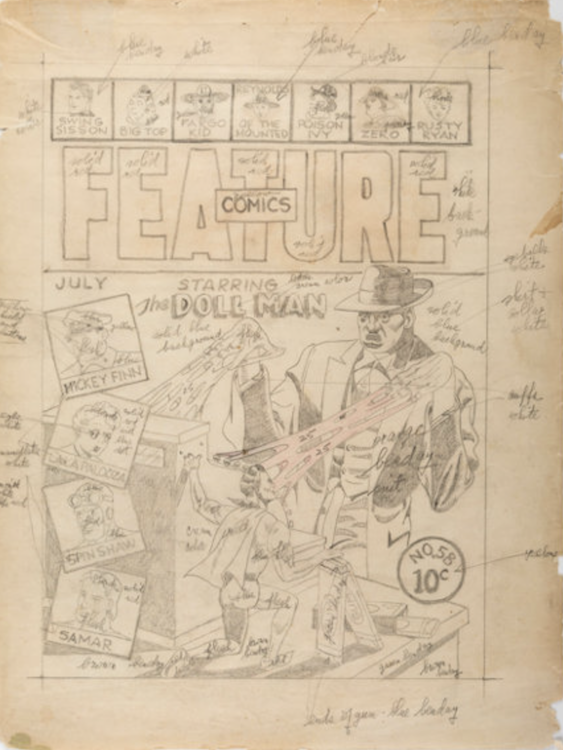 Feature Comics #58 Preliminary Cover Art by Gill Fox sold for $500. Click here to get your original art appraised.