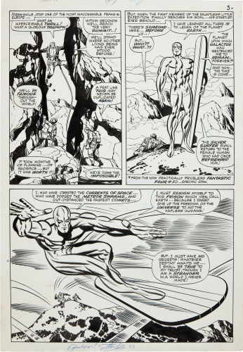 Half Splash – A page where half is a single panel and the other half is divided into multiple panels. This is a great Silver Surfer half splash page.