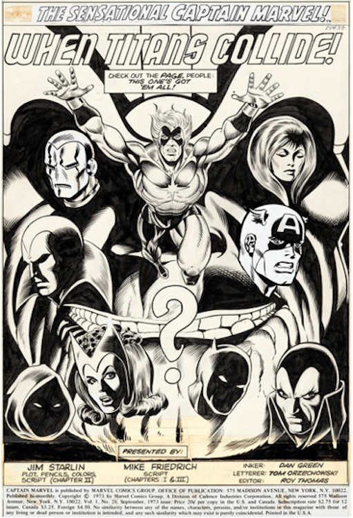 Captain Marvel #28 Splash Page by Jim Starlin sold for $23,300. Click here to get your original art appraised.