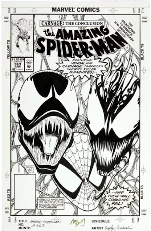 The Amazing Spider-Man #363 Cover Art by Mark Bagley sold for $16,730. Click here to get your original art appraised.