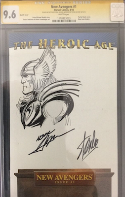 Blank covers with CGC Signature Series sketches are an easy and relatively affordable way into collecting his artwork, like this signed Thor sketch on a blank New Avengers cover. Click for value