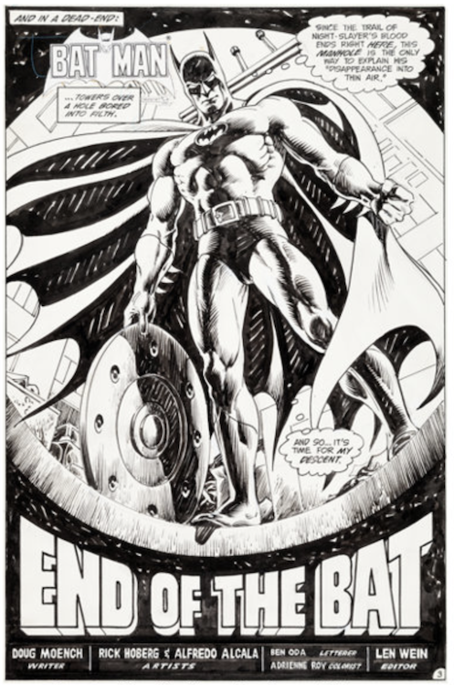 Batman #380 Splash Page 3 by Rick Hoberg sold for $2,870. Click here to get your original art appraised.