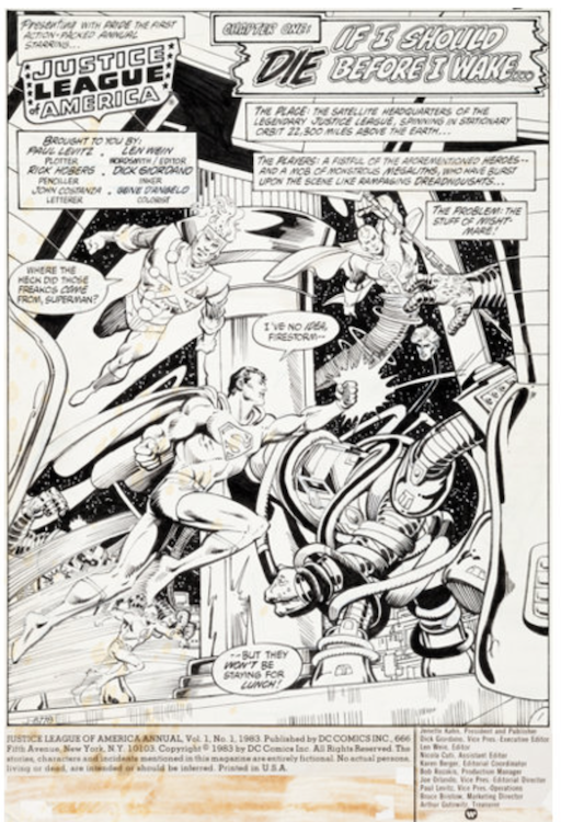 Justice League of America Annual #1 Splash Page 1 by Rick Hoberg sold for $2,390. Click here to get your oringal art appraised.