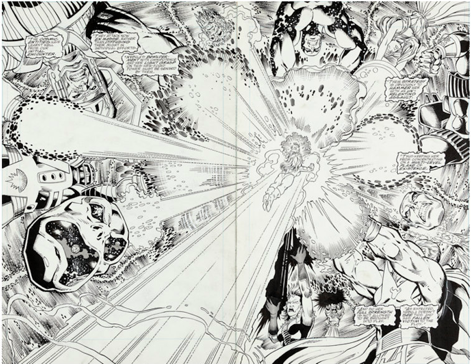 Infinity Gauntlet #6 Double Page Splash 13-14 by Ron Lim sold for $5,760. Click here to get your original art appraised.