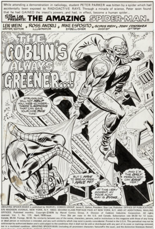 The Amazing Spider-Man #179 Splash Page 1 by Ross Andru sold for $15,535. Click here to get your original art appraised.