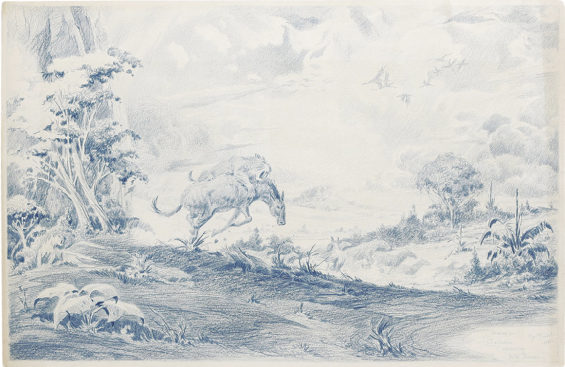 Smilodon Attacking Wild Horses Illustration by Roy Krenkel sold for $2,390. Click here to get your original art appraised.