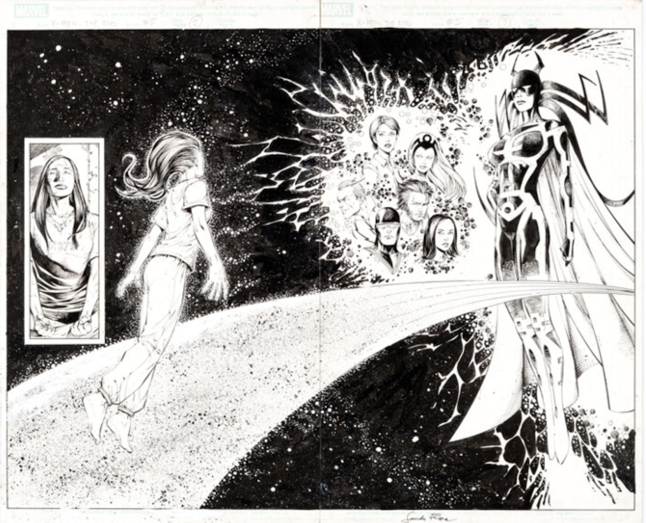 X-Men: The End #5 Title Page 2-3 by Sean Chen sold for $1,140. Click here to get your original art appraised.