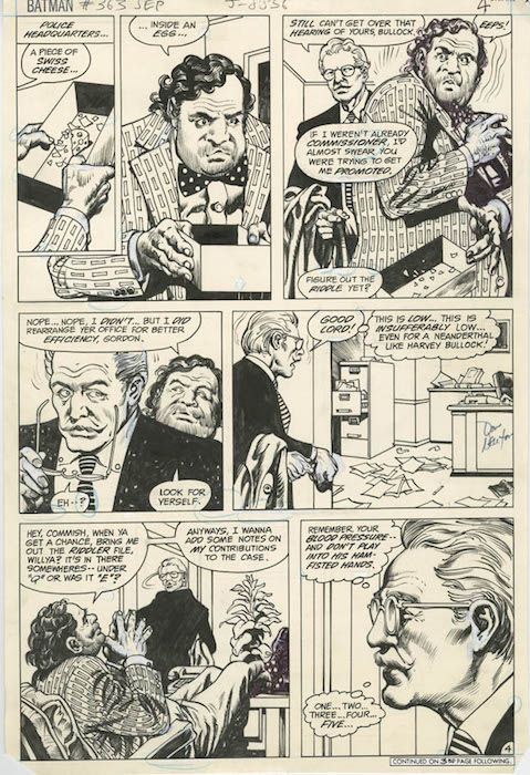 Talking Head Page – Original art pages that comprise of unknown characters standing around and talking. Above is a Don Newton talking head page from Batman #363.