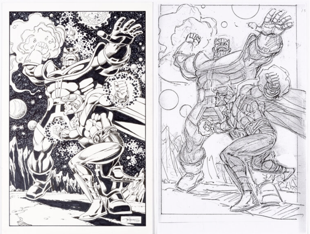 Thanos vs. Adam Warlock Specialty Illustration and Preliminary Sketch by Val Semeiks sold for $205. Click here to get your original art appraised.