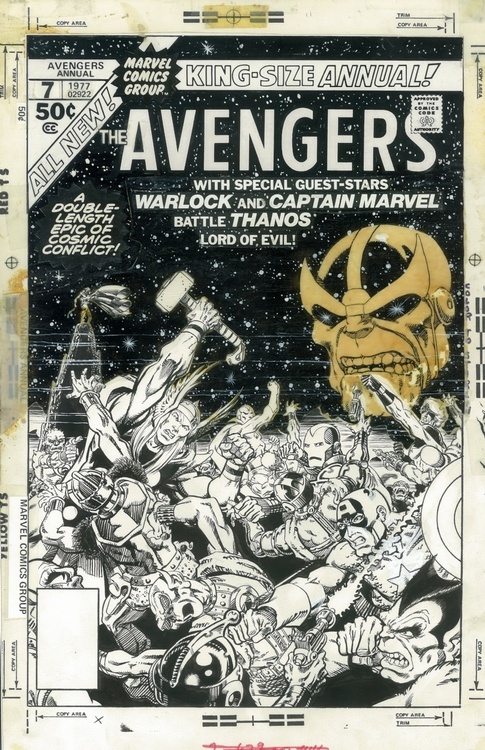 The Thanos head is created on vellum and glued to the cover art for Avengers Annual #7.