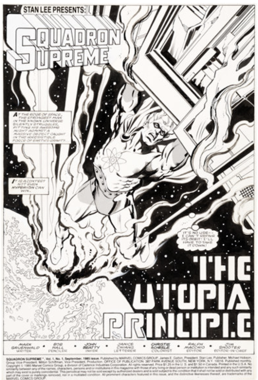 Squadron Supreme #1 Splash Page 1 by Bob Hall sold for $2,630. Click here to get your original art appraised.