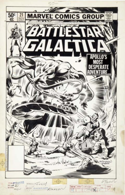 Battlestar Galactica #21 Cover Art by Brent Anderson sold for $660. Click here to get your original art appraised.