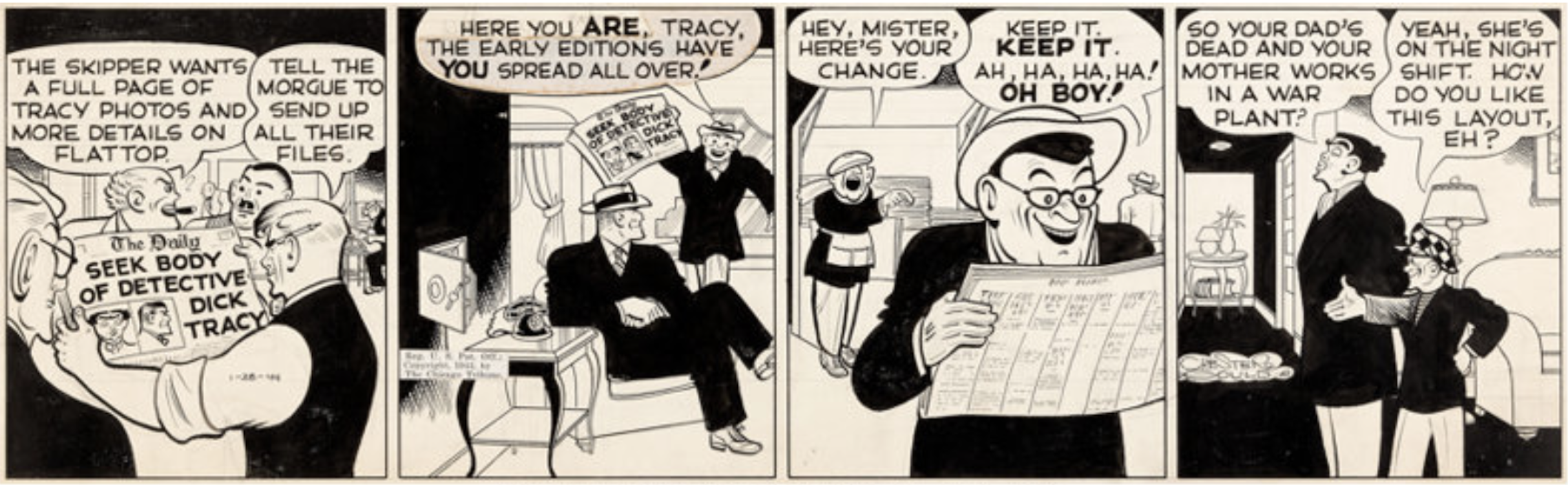 Dick Tracy Daily Comic Strip 1-28-44 by Chester Gould sold for $8,365. Click here to get your original art appraised.
