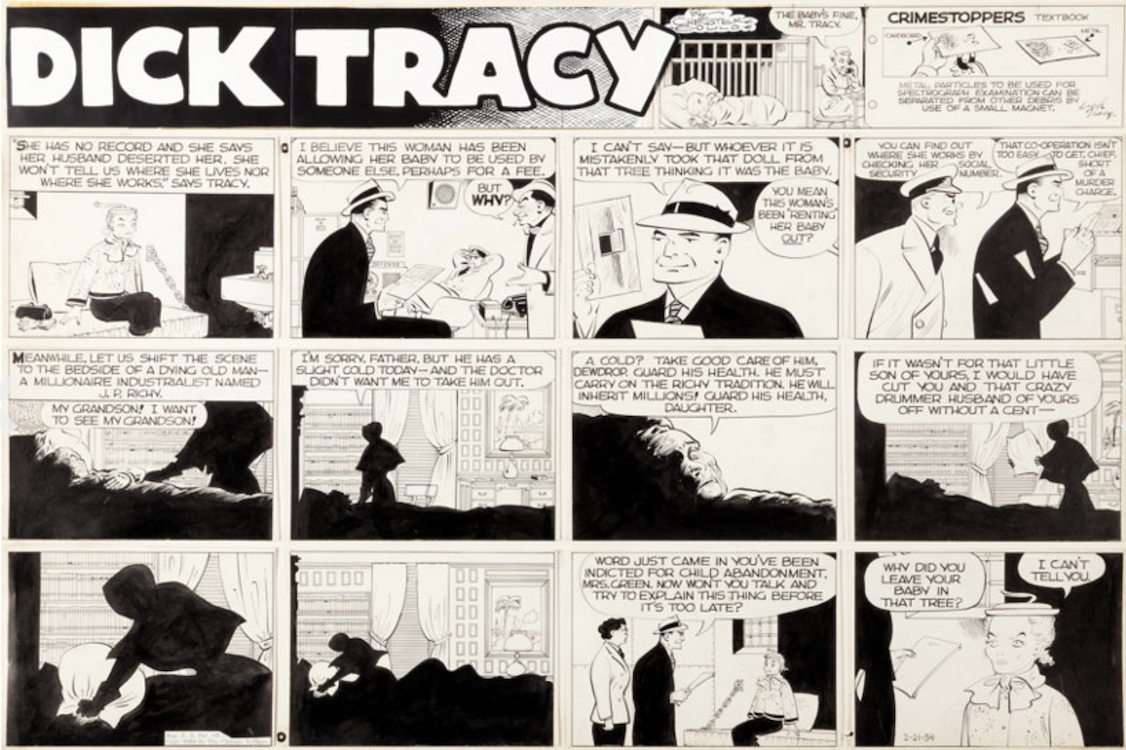 Dick Tracy Sunday Comic Strip 2-21-54 by Chester Gould sold for $3,120. Click here to get your original art appraised.