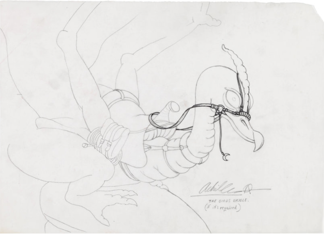 Taarna's Mount Preliminary Sketch by Chris Achilleos sold for $190. Click here to get your original art appraised.