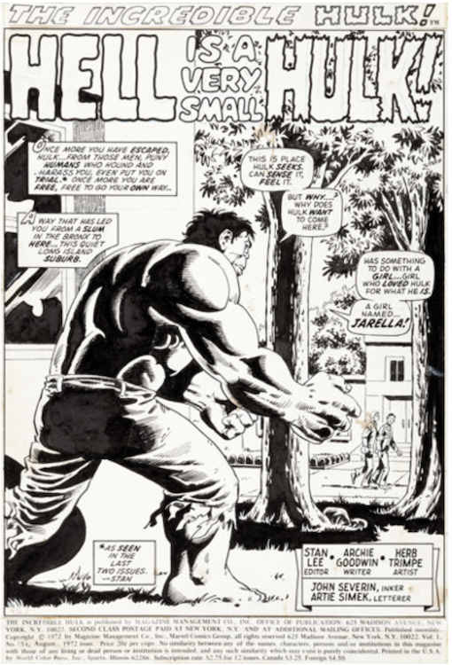 The Incredible Hulk #154 Splash Page 1 by Herb Trimpe sold for $7,500. Click here to get your original art appraised.