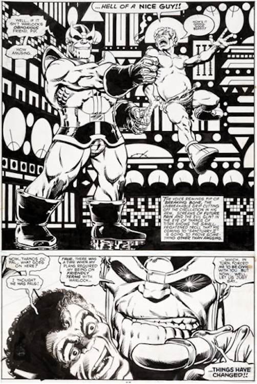 Avengers Annual #7 Page 18 by Jim Starlin sold for $24,000. Click here to get your original art appraised.