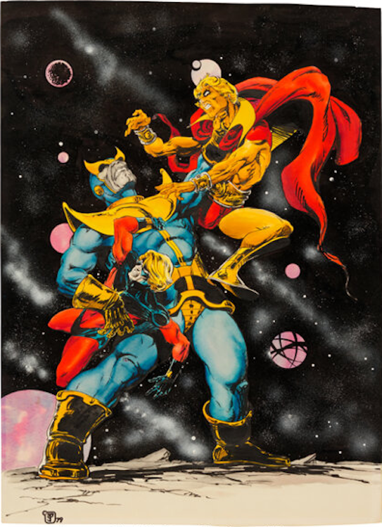 Thanos vs. Warlock and Captain Marvel Illustration by Jim Starlin sold for $20,400. Click here to get your original art appraised.