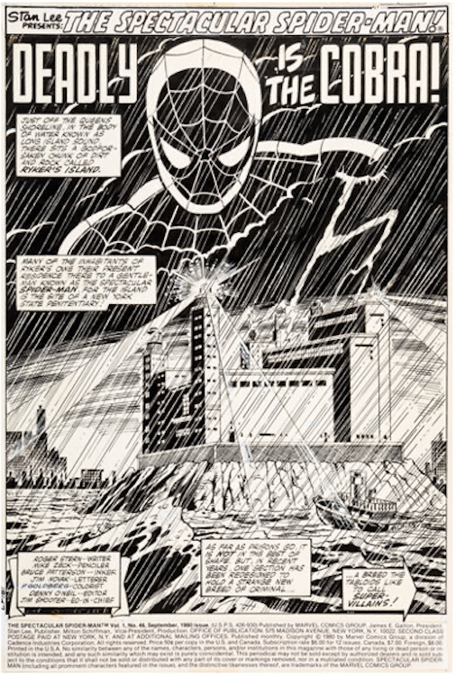 Spectacular Spider-Man #46 Page 1 by Mike Zeck sold for $10,200. Click here to get your original art appraised.