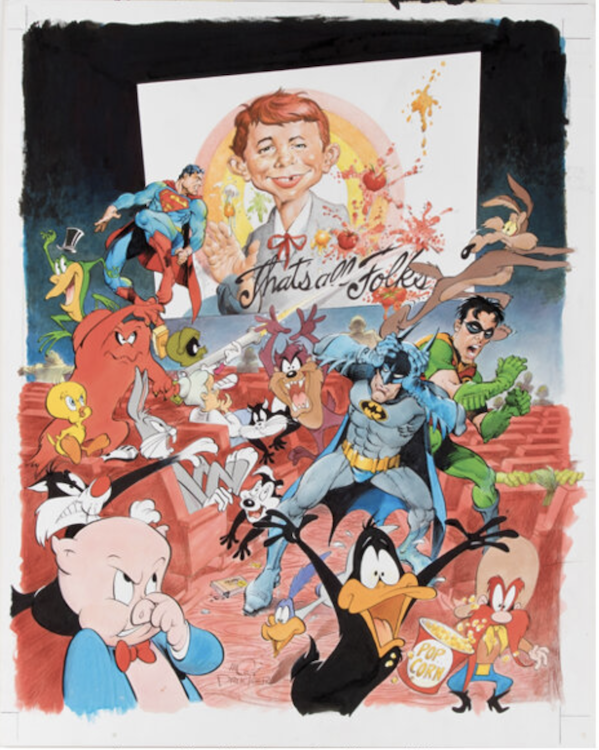 MAD Tribute to Warner Bros. 75th Anniversary Illustration by Mort Drucker sold for $6,000. Click here to get your original art appraised.