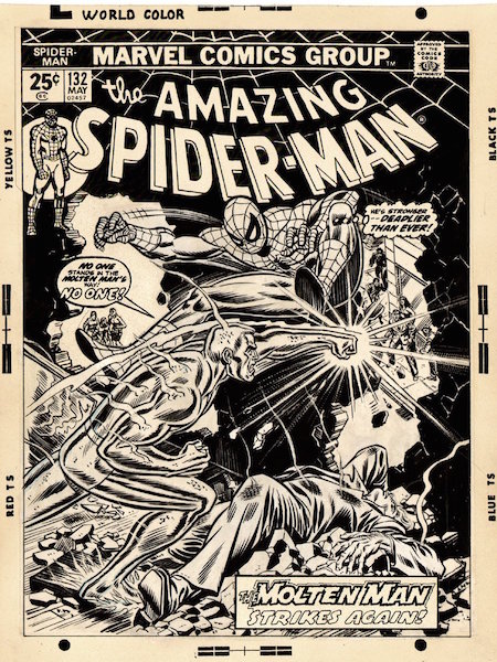 Overlay – A piece of clear acetate that has been taped to the top of an original piece of artwork to allow a hinging motion. This is the cover of Amazing Spider-Man #132 with overlay. Click for values