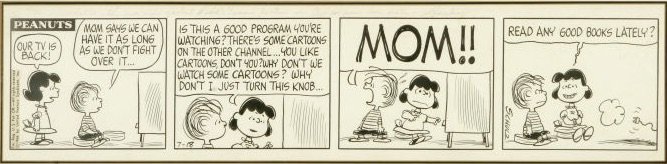 Strip – Short for Comic Strip.  Dailies are often called strips. This is an original Peanuts strip art by Charles M. Schulz. Click for values