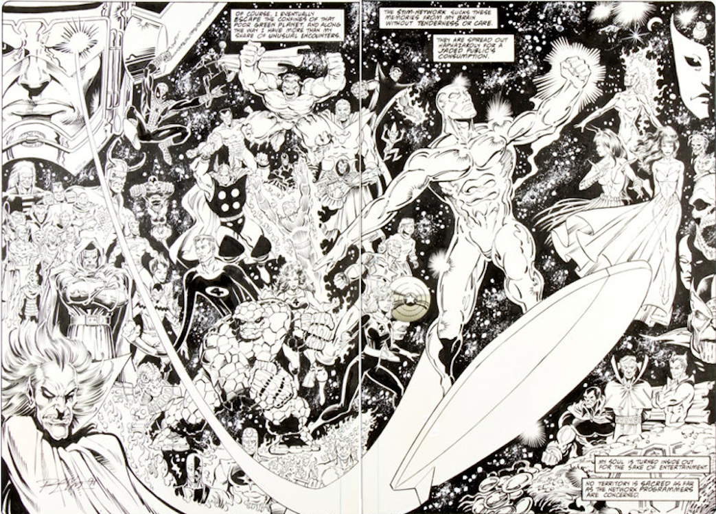 Silver Surfer #41 Double Page Splash 16-17 by Ron Lim sold for $7,770. Click here to get your original art appraised.