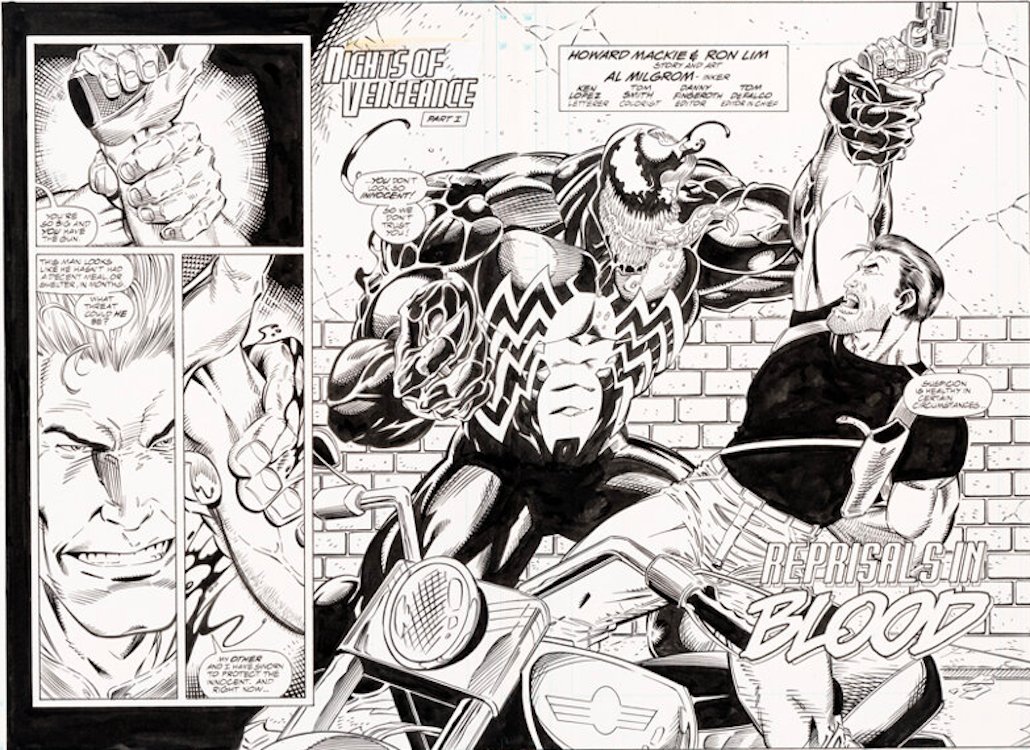 Venom: Nights of Vengeance #1 Double Page Splash 2-3 by Ron Lim sold for $4,320. Click here to get your original art appraised.