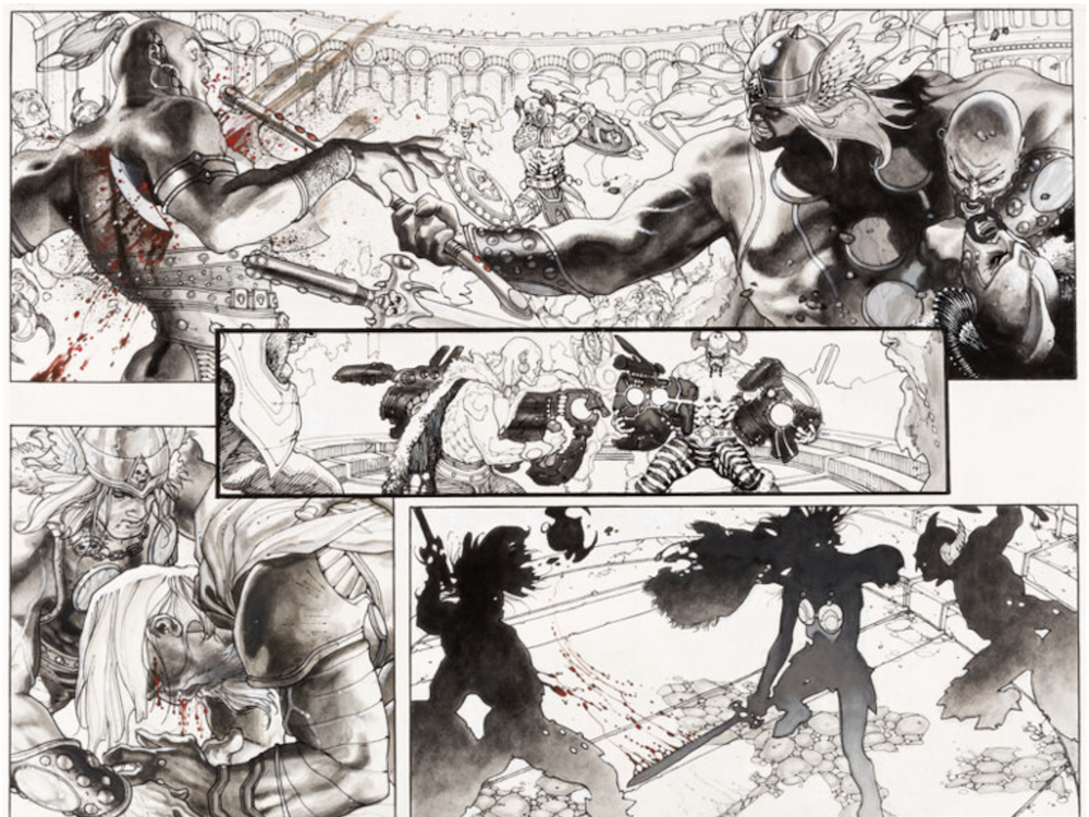 Thor for Asgard #2 Double Splash Page 15-16 by Simon Bianchi sold for $1,560. Click here to get your original art appraised.