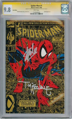 Spider-Man #1 from 1990 holds the world record for comic books sales, with over 2m copies sold. This is a signed CGC certified copy of the gold edition. Click for values